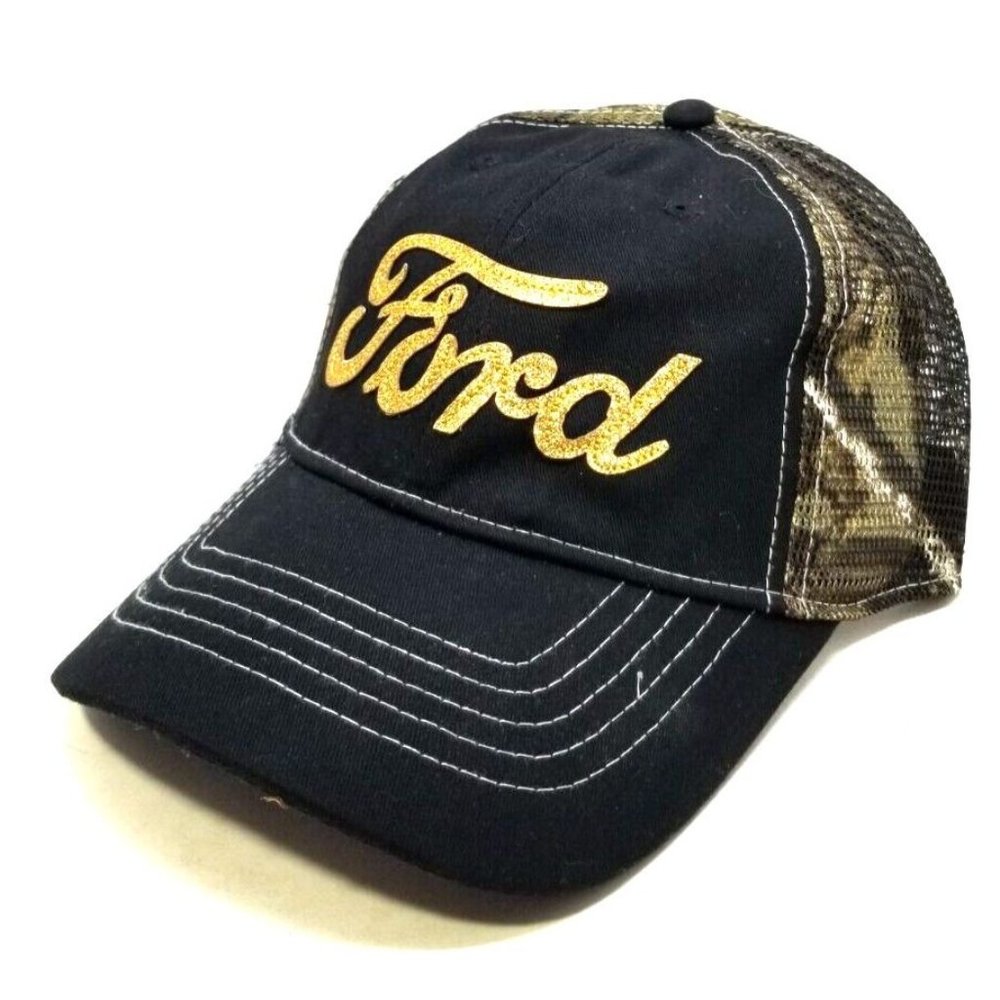 Realtree APG Black Trucker Hat Cap FORD in Gold Color & Camo Mesh NOS NEW (T14)